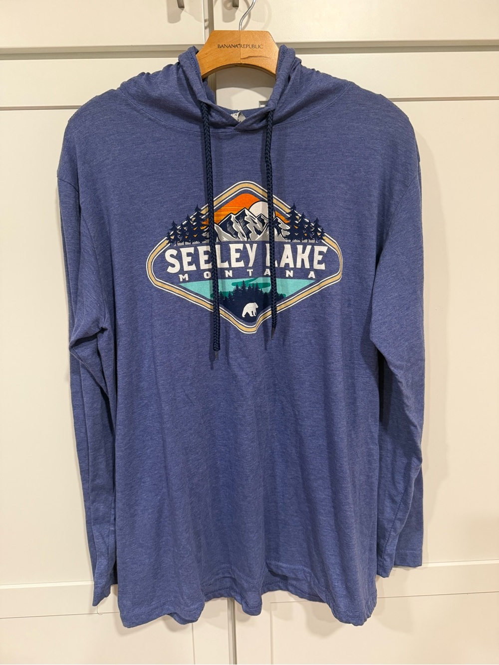 Seeley Lake Montana Blue Hooded Long Sleeve Tee